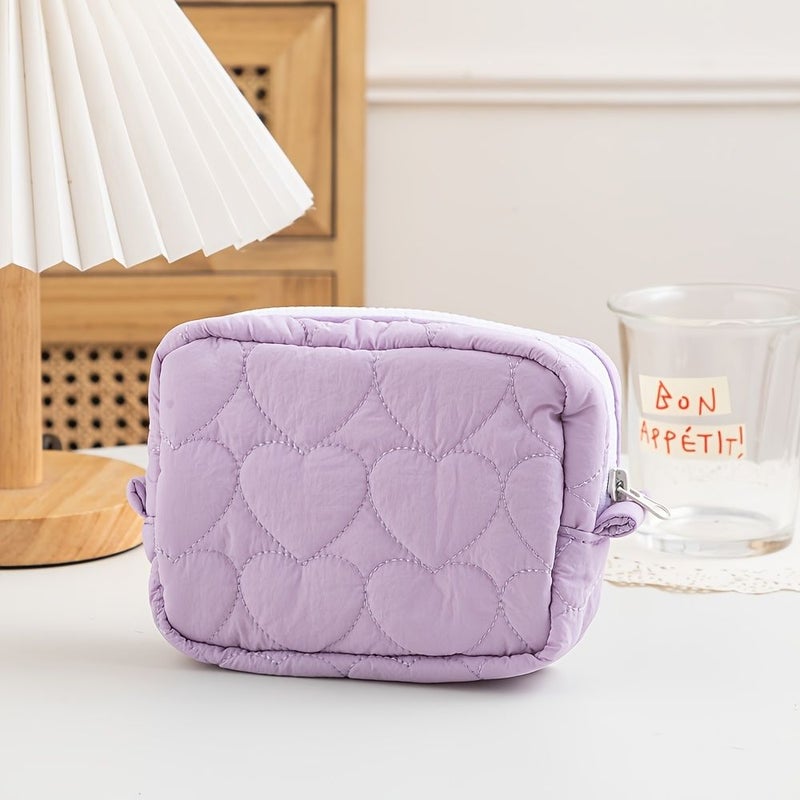 Purple Mini Quilted Heart Shaped Makeup Pouch Portable Storage Bag For Cosmetics - Image 3