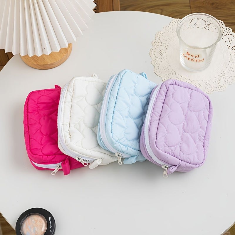 Purple Mini Quilted Heart Shaped Makeup Pouch Portable Storage Bag For Cosmetics - Image 1