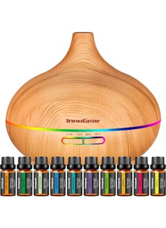 InnoGear InnoGear Aromatherapy Diffuser & 10 Essential Oils Set, 400ml Diffuser Ultrasonic Diffuser Cool Mist Humidifier with 4 Timers 7 Colors Light Waterless Auto Off for Large Room Office, Yellow Wood Grain 
