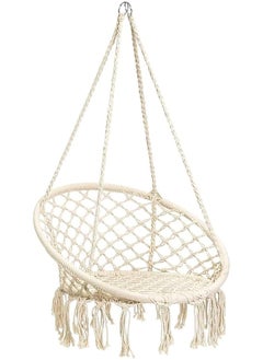SKY-TOUCH Hanging Hammock Chair Comfortable Sturdy Macrame Hanging Swing Chair Knitted Cotton Rope With Romantic Fringes For Indoor Outdoor Bedroom Patio Yard Garden Balcony 80×80×42Cm Creamy White  - Image 1