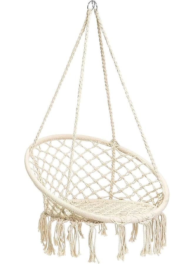 SKY-TOUCH Hanging Hammock Chair Comfortable Sturdy Macrame Hanging Swing Chair Knitted Cotton Rope With Romantic Fringes For Indoor Outdoor Bedroom Patio Yard Garden Balcony 80×80×42Cm Creamy White - Image 1