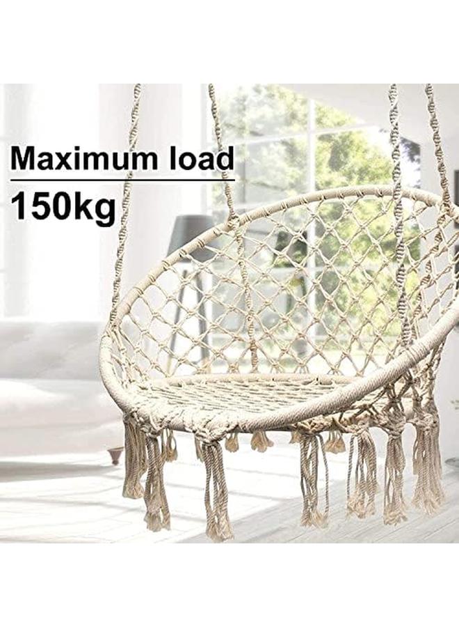 SKY-TOUCH Hanging Hammock Chair Comfortable Sturdy Macrame Hanging Swing Chair Knitted Cotton Rope With Romantic Fringes For Indoor Outdoor Bedroom Patio Yard Garden Balcony 80×80×42Cm Creamy White - Image 4