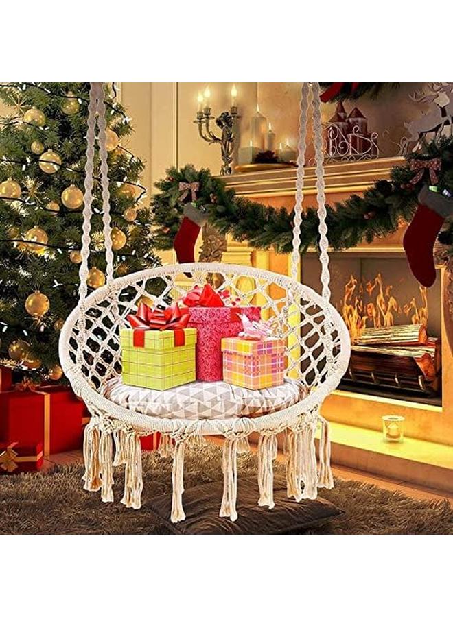 SKY-TOUCH Hanging Hammock Chair Comfortable Sturdy Macrame Hanging Swing Chair Knitted Cotton Rope With Romantic Fringes For Indoor Outdoor Bedroom Patio Yard Garden Balcony 80×80×42Cm Creamy White - Image 3