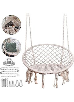SKY-TOUCH Hanging Hammock Chair Comfortable Sturdy Macrame Hanging Swing Chair Knitted Cotton Rope With Romantic Fringes For Indoor Outdoor Bedroom Patio Yard Garden Balcony 80×80×42Cm Creamy White  - Image 2