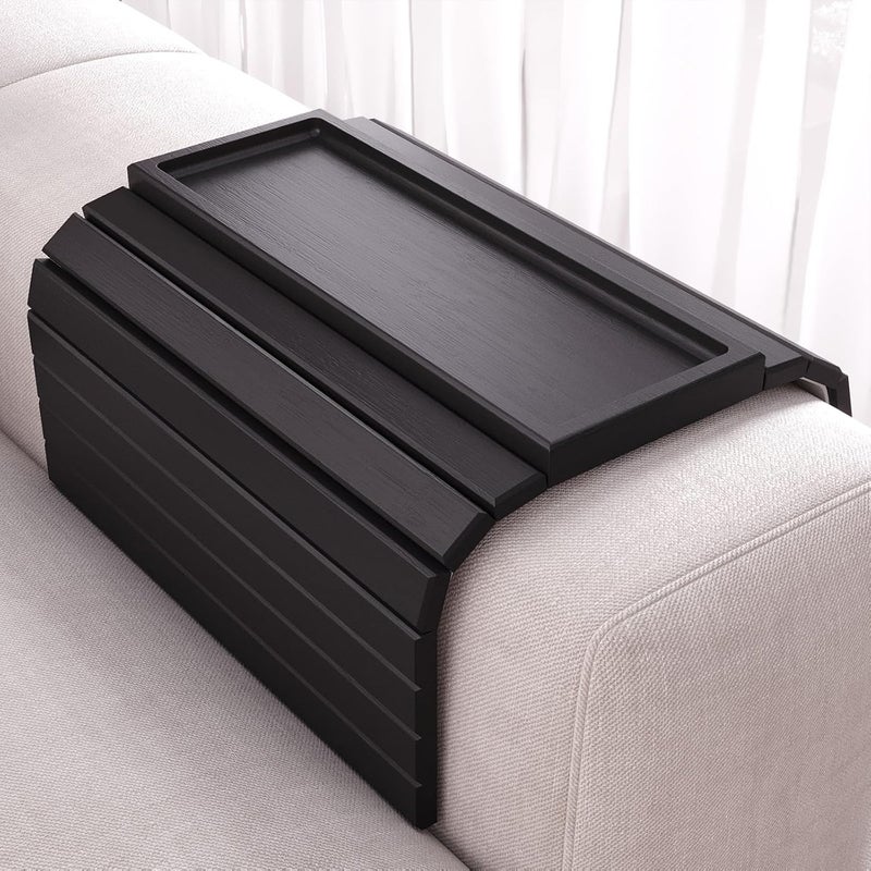Danfoxer Sofa Arm Tray,Bamboo Folding Couch Arm Tray,Sofa Armrest Trays with Anti-Slip Pad for Drinks,Snacks,Phone,Remote Control（Black） - Image 1