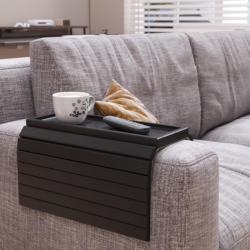 Danfoxer Sofa Arm Tray,Bamboo Folding Couch Arm Tray,Sofa Armrest Trays with Anti-Slip Pad for Drinks,Snacks,Phone,Remote Control（Black） - Image 2