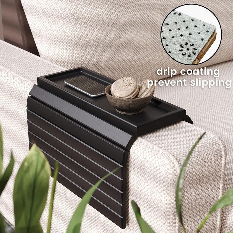 Danfoxer Sofa Arm Tray,Bamboo Folding Couch Arm Tray,Sofa Armrest Trays with Anti-Slip Pad for Drinks,Snacks,Phone,Remote Control（Black） - Image 4