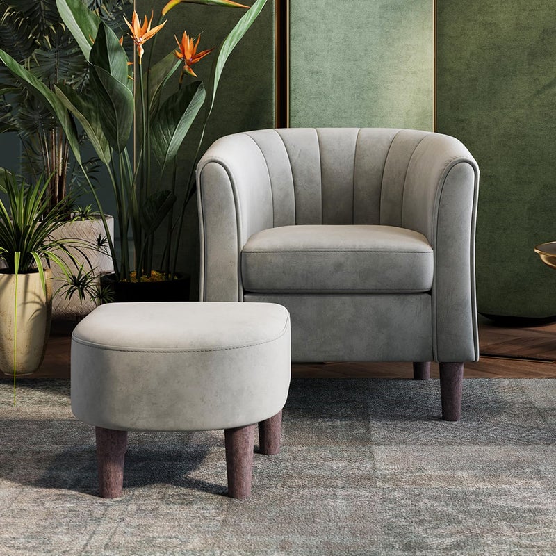 LINSY Accent Chair with Ottoman Modern Barrel Chair Comfy Armchair Reading Chair with Footrest Round Arms Chair for Living Room Bedroom Reading Room Velvet Light Grey