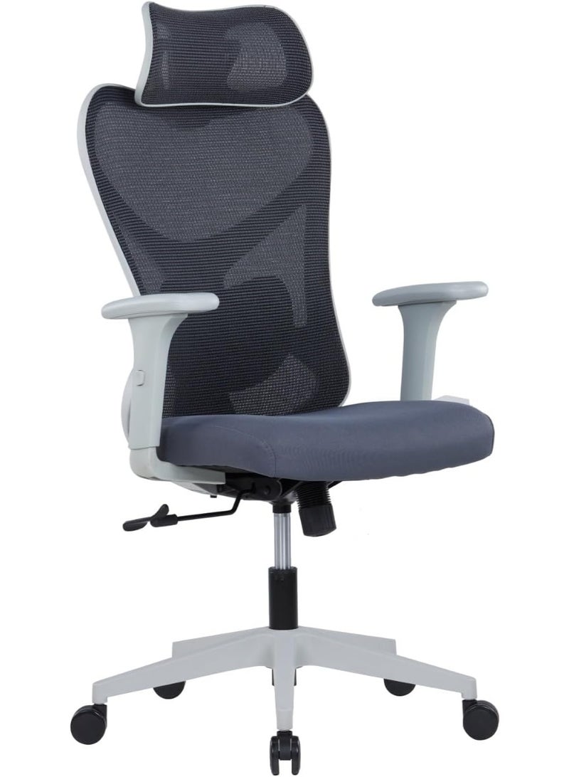 Kaliber Edge  High Back Office Chair with 2D Adjustable Headrest – Grey Mesh Back, Adjustable Lumbar Support, and Synchro Tilt – Durable Glass Fiber Frame - Image 1