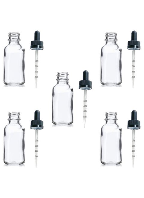 Set of 5 Transparent 30ml Heavy Duty Borosilicate 3.3 Glass Bottle With Graduated Calibrated Dropper Storage Bottle For Labware Biology Chemistry Laboratory Experiment Education