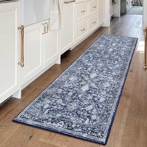 KILOCOCO Hallway Runner 2x6 Rug Runner Printed Vintage Floral Washable Kitchen Runners Non-Slip Rubber Backed Runners for Hallways Laundry Room Distressed Boho Rugs for Entryway Bedroom, Blue - Image 2
