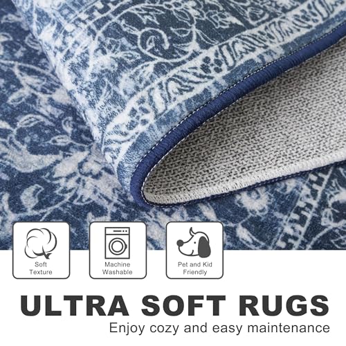 KILOCOCO Hallway Runner 2x6 Rug Runner Printed Vintage Floral Washable Kitchen Runners Non-Slip Rubber Backed Runners for Hallways Laundry Room Distressed Boho Rugs for Entryway Bedroom, Blue - Image 4