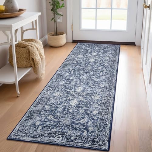 KILOCOCO Hallway Runner 2x6 Rug Runner Printed Vintage Floral Washable Kitchen Runners Non-Slip Rubber Backed Runners for Hallways Laundry Room Distressed Boho Rugs for Entryway Bedroom, Blue - Image 1