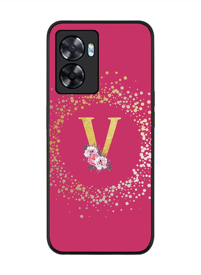 Stylizedd Rugged Black edge case for Oppo A57, Slim fit Rubber Edges Thin Cover -  Custom Monogram Initial Letter Floral Pattern Alphabet - V  (Dark Pink Rose )  - Image 1