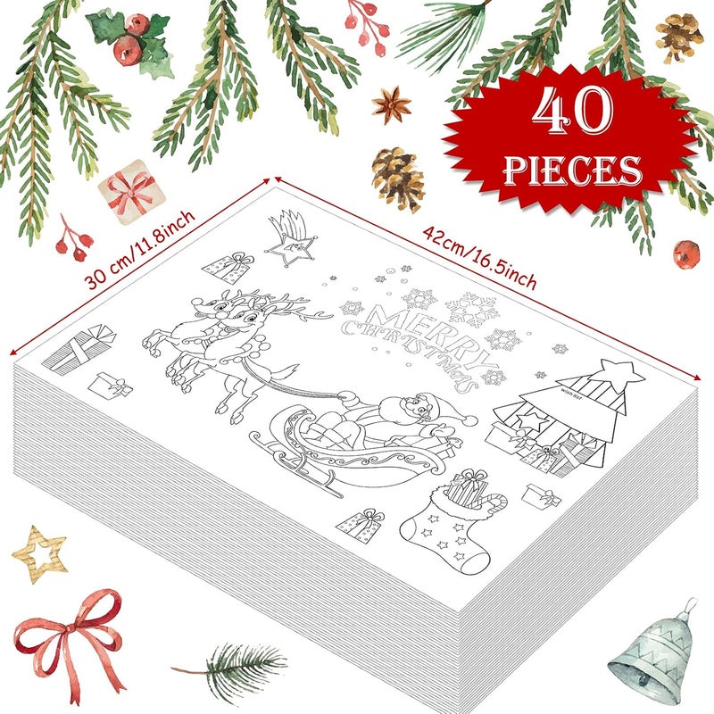 klarako 40 Pieces Christmas Coloring Placemats for Kids Santa Snowflake Disposable Paper Table Mats Xmas Coloring Activity Paper Mats Winter Place Mats for Home Table School Party DIY Crafts Decorations - Image 2