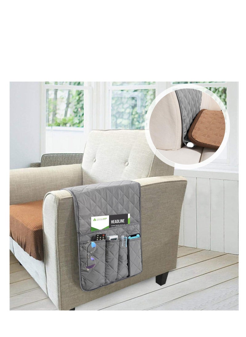 Generic - Sofa Remote Control Holder, Grey Arm Chair Tidy Organisers, Armchair Caddy Non-Slip Bedside Sofa Caddy Hanging Soft Armrest Organiser with 5 Pockets for Tablet Cellphone, Magazines Book, Glasses - Image 1