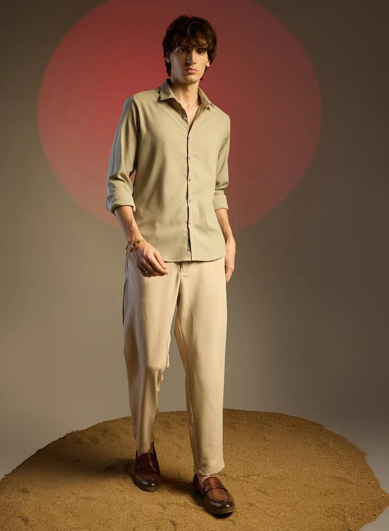 CAHOOT  Men's Asparagus Green Solid Seersucker Shirt for Men | Best Price UAE