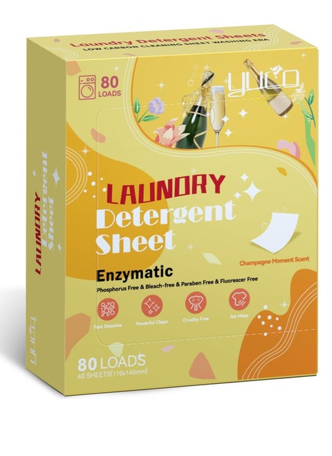 Laundry Tablets Champagne Scent, Up to 80 Washes, (40 Sheets) Eco-Friendly Laundry Soap Tablets - Liquid-Free Laundry Tablets, Travel-Friendly, Plastic-Free and Hypoallergenic, Biodegradable