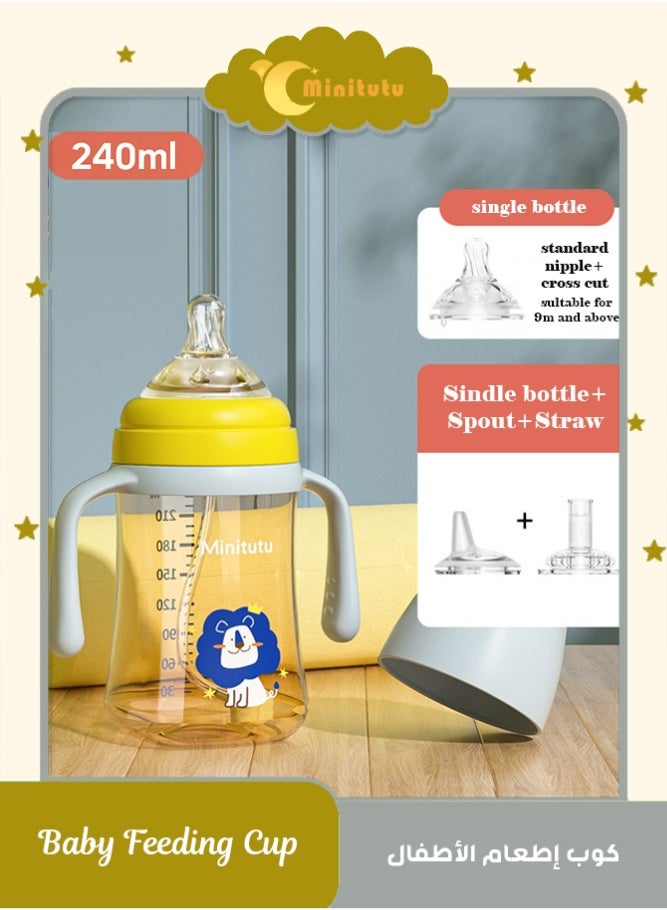Minitutu 3 in 1 Baby Feeding Bottle 240ml, BPA Free Toddler Training Cup with Blue Handles, Sippy Cup,Soft Nipple Hard Spout Straw Convertible, Leakproof Feeding Bottle for 9+ Months Boys Girls (Lion Print) - Image 1