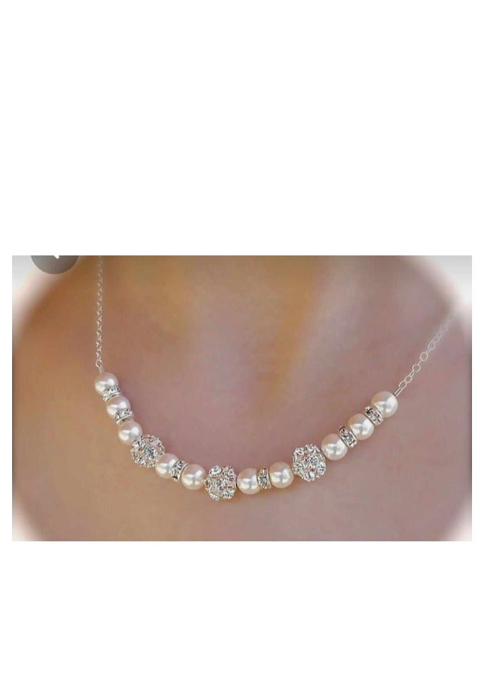 Women Elegant Necklace Of Off White Pearls, Silvery Chain & Diamond Lobes 
