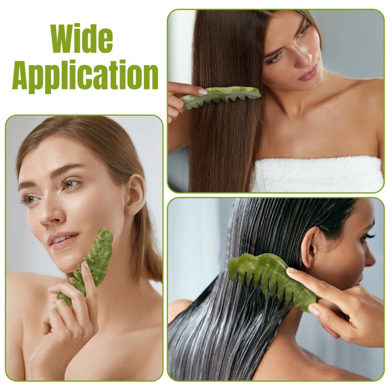 Geiserailie 2 Pcs Jade Combs Esthetician Supplies Massage Stone Hair Gua Sha Scraping Scalp Comb Facial Massage Tool Handheld Head Tools Head Caring Therapy Valentines for Women(Plain Style) - Image 3