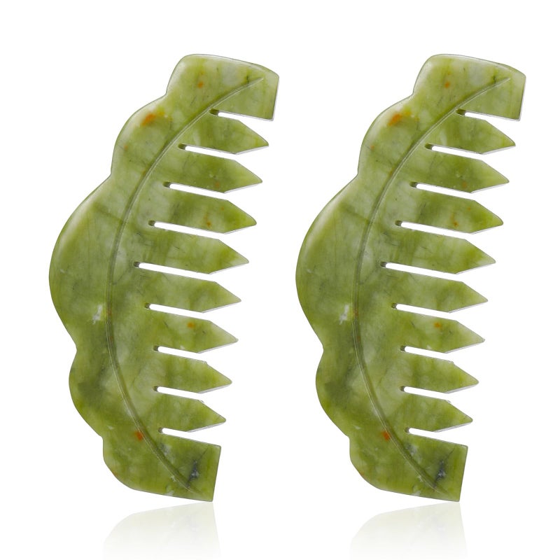 Geiserailie 2 Pcs Jade Combs Esthetician Supplies Massage Stone Hair Gua Sha Scraping Scalp Comb Facial Massage Tool Handheld Head Tools Head Caring Therapy Valentines for Women(Plain Style) - Image 1