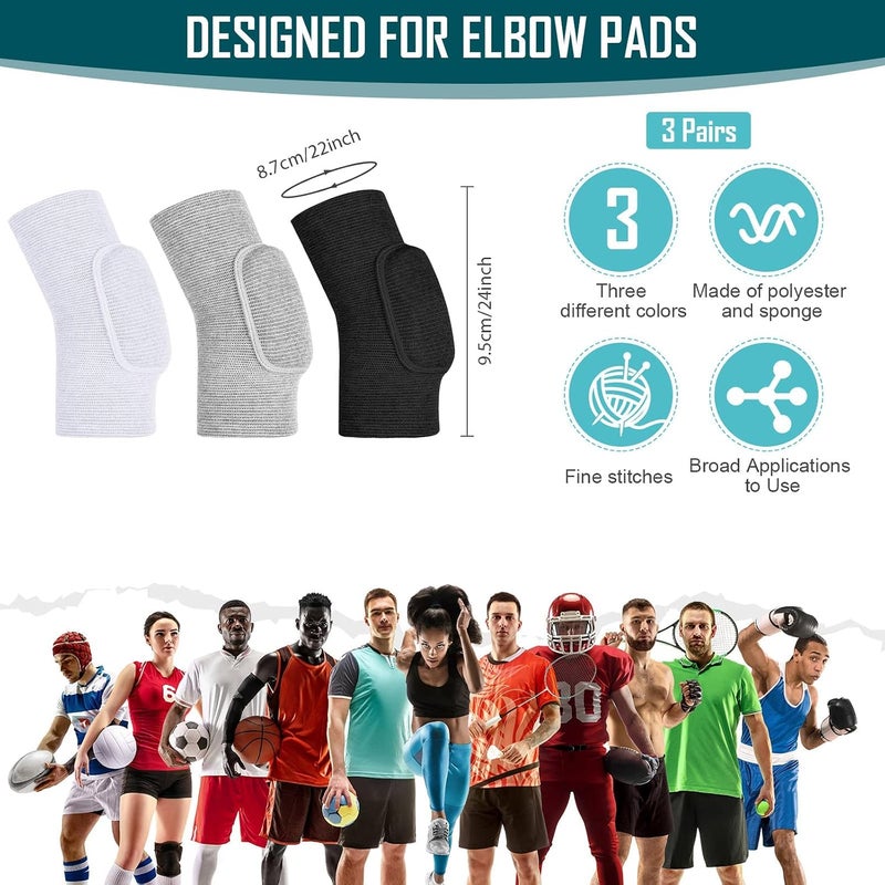 MAKINGTEC 3 Pairs Elbow Pads, Volleyball Elbow Protector, Sponge Support Breathable Compression Elbow Braces for unisex, Girls Boys Basketball Tennis Football Skating Elbow, Black, White, Gray - Image 4