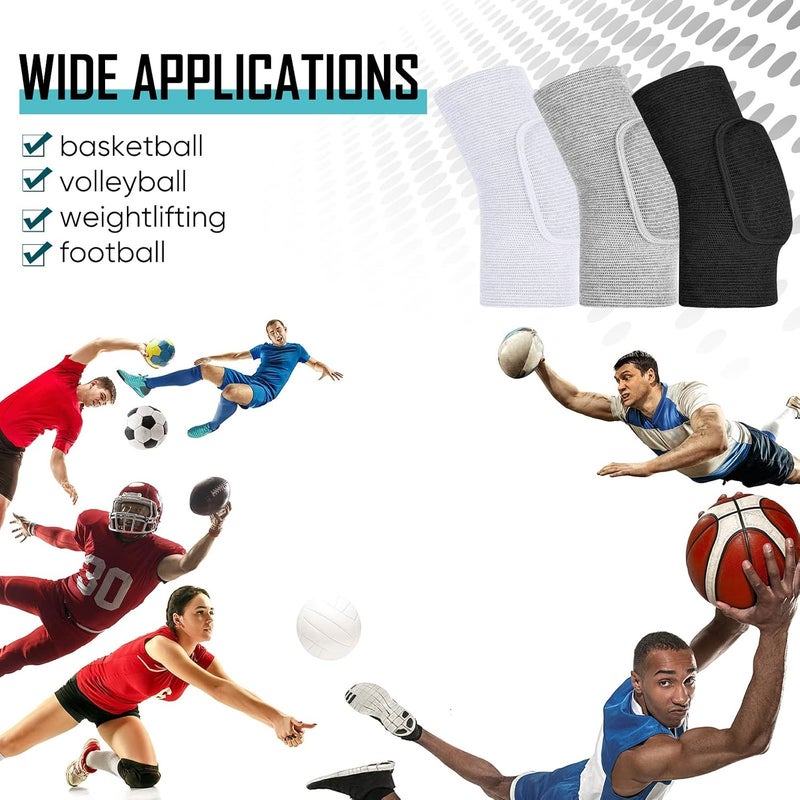 MAKINGTEC 3 Pairs Elbow Pads, Volleyball Elbow Protector, Sponge Support Breathable Compression Elbow Braces for unisex, Girls Boys Basketball Tennis Football Skating Elbow, Black, White, Gray - Image 5