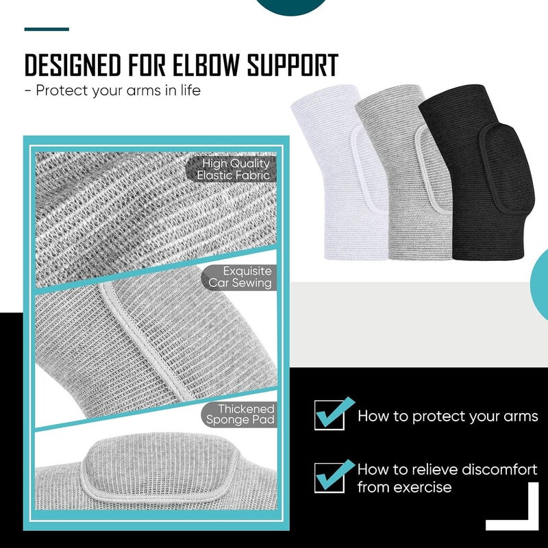 MAKINGTEC 3 Pairs Elbow Pads, Volleyball Elbow Protector, Sponge Support Breathable Compression Elbow Braces for unisex, Girls Boys Basketball Tennis Football Skating Elbow, Black, White, Gray - Image 3