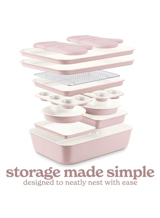 Country Kitchen Nonstick Stackable Bakeware Set - Deluxe Heavy Duty, Durable, Easy Release Baking Set, Pink, 13 Pcs with Handles - Image 4