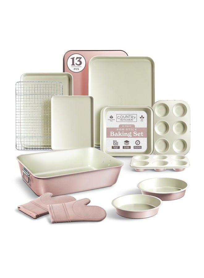 Country Kitchen Nonstick Stackable Bakeware Set - Deluxe Heavy Duty, Durable, Easy Release Baking Set, Pink, 13 Pcs with Handles - Image 1