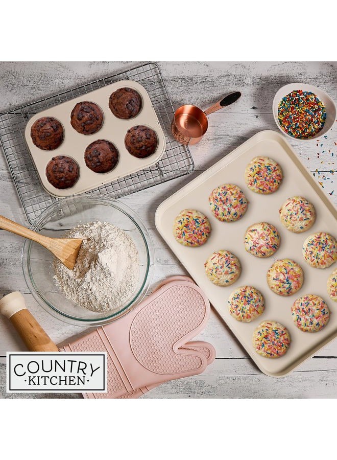Country Kitchen Nonstick Stackable Bakeware Set - Deluxe Heavy Duty, Durable, Easy Release Baking Set, Pink, 13 Pcs with Handles - Image 3