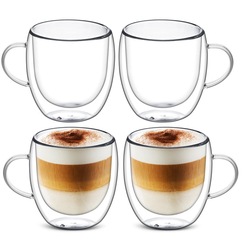 Sorfity Cappuccino Glass Mugs Set of 4 Double Walled Espresso Mug Cups Glass Mug Set Insulated Drinking Glass Coffee Cups with Handle Clear Glass Mugs for Latte Cappuccino Tea Bag Juice 250ml 845oz