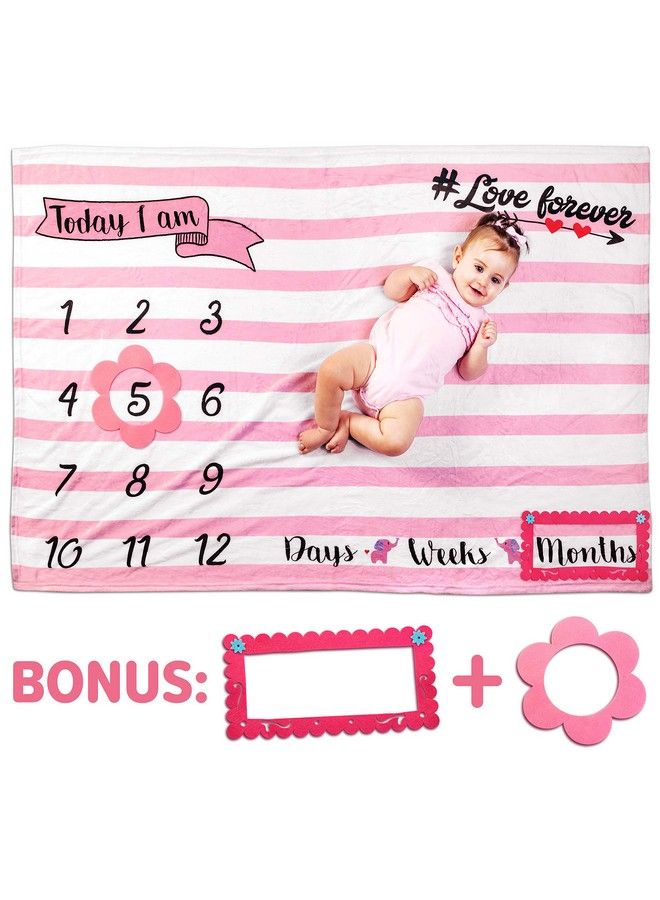 Tiny Gifts Baby Monthly Milestone Blanket + 2 Frame Props ; 60" X40” ; Thick Soft Minky Fleece (Pink)  - Image 1