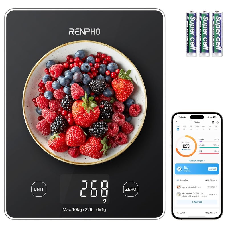 RENPHO Kitchen Scale, Smart Food Scale with Nutritional Calculator, Food Weight Scale Grams and Ounces, Digital Gram Scale for Cooking Baking Keto Marco Diet, Black Glass, 22lb/10kg - Image 1