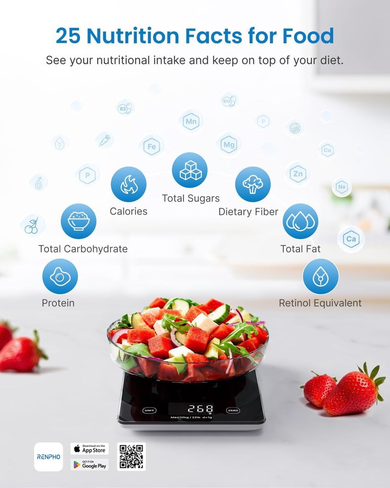RENPHO Kitchen Scale, Smart Food Scale with Nutritional Calculator, Food Weight Scale Grams and Ounces, Digital Gram Scale for Cooking Baking Keto Marco Diet, Black Glass, 22lb/10kg - Image 2