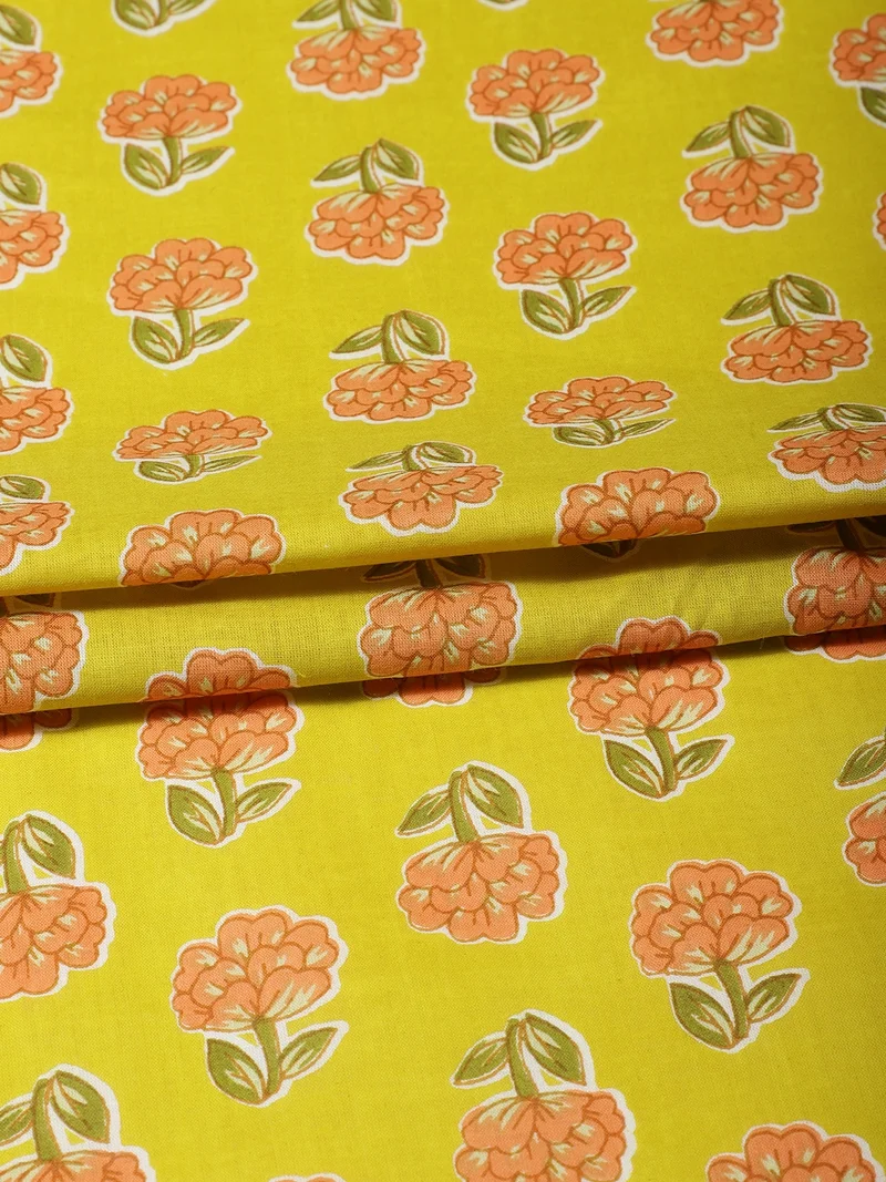 أيه كيه إس Yellow Floral Butti Block Print Fabric