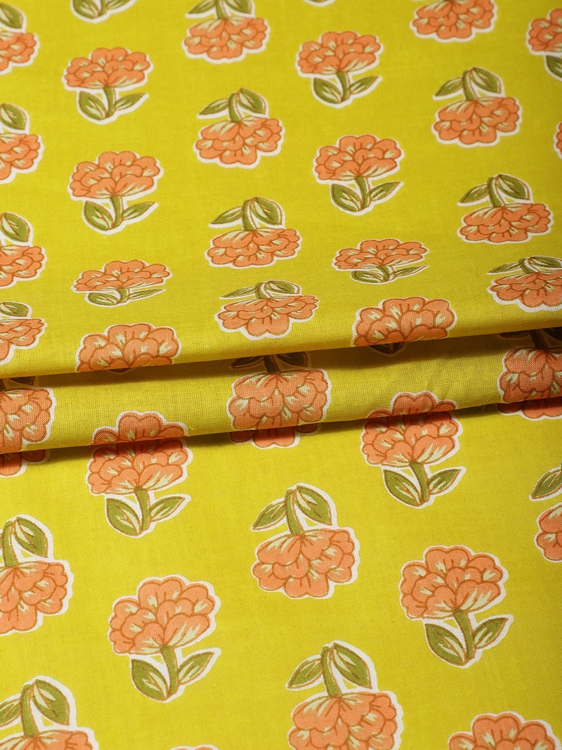 AKS Yellow Floral Butti Block Print Fabric - Image 1
