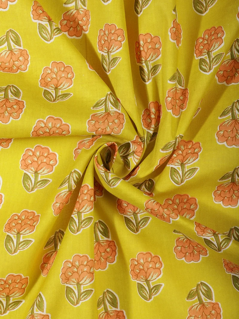 أيه كيه إس Yellow Floral Butti Block Print Fabric
