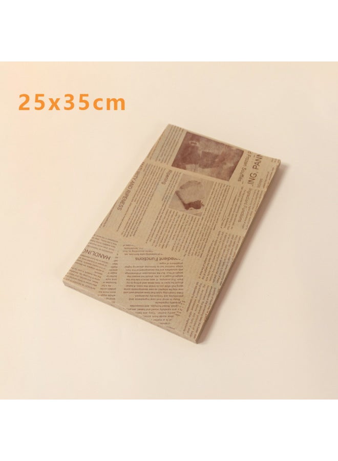Sandwich Wrapping Paper Oil-Proof Disposable Pad Paper Baking Cake Hamburger Rice Bread Roll Lunch Food Oil Absorbing Paper-Color:100 Sheets/item-Specifications:Brown Greaseproof Paper Printing (newspaper) 25x35cm - Image 1