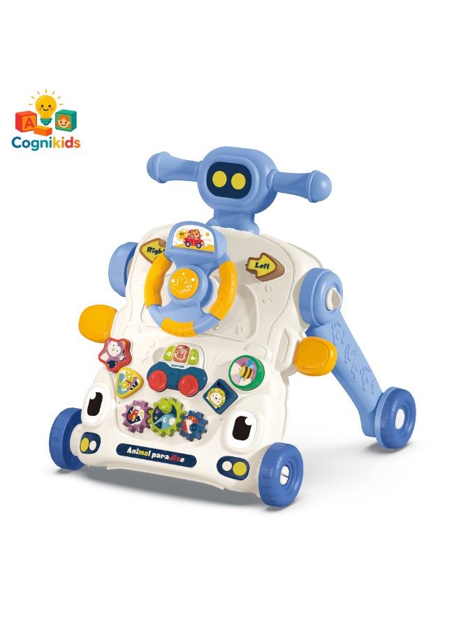 COGNIKIDS عربة أطفال 3 في 1 زرقاء مع لوحة نشاط وموسيقى | عربة قابلة للتحويل، طاولة ألعاب ولوحة سيارة ألعاب | تروس تفاعلية، أضواء وصوت | سرعة قابلة للتعديل للأطفال الصغار - Image 2