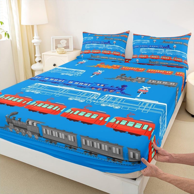 Feelyou Cartoon Car Sheet Set for Kids Boys Girls Vintage Car Sheets with Deep Pocket Fitted Sheet Train Bed Sheets Set Bedroom Decor Retro Steam Train Blue Light Sign Bedding Set Full Size 4Pcs - Image 4