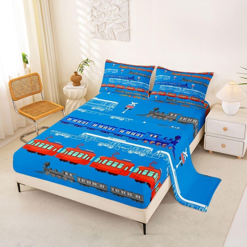 Feelyou Cartoon Car Sheet Set for Kids Boys Girls Vintage Car Sheets with Deep Pocket Fitted Sheet Train Bed Sheets Set Bedroom Decor Retro Steam Train Blue Light Sign Bedding Set Full Size 4Pcs - Image 1