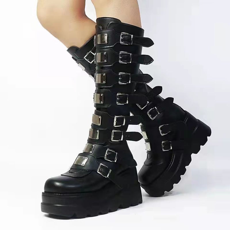 Long Barrel Martin Boots Women''s 2022 Autumn and Winter New Arrival Belt Buckle Thick Bottom Punk Style Spice Knight Boots - Image 2
