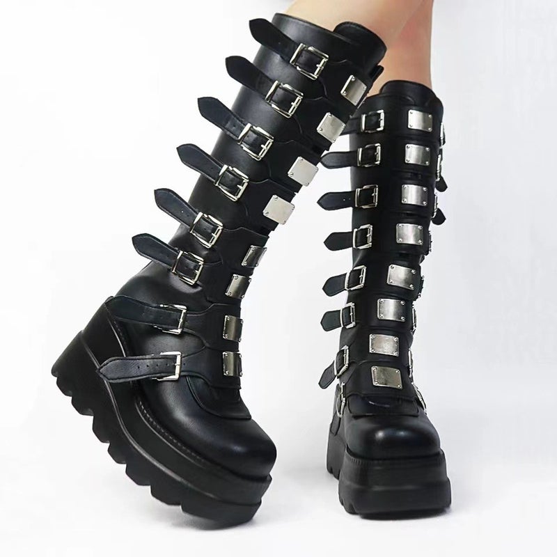 Long Barrel Martin Boots Women''s 2022 Autumn and Winter New Arrival Belt Buckle Thick Bottom Punk Style Spice Knight Boots - Image 3