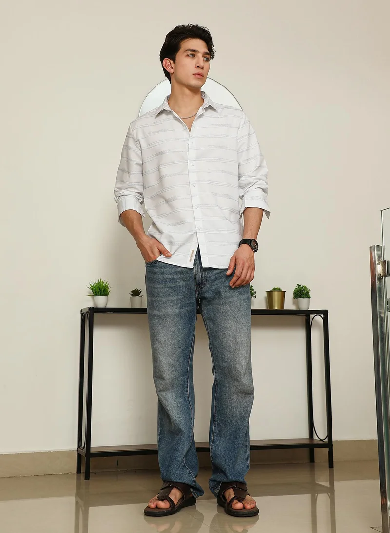 CAHOOT  Men's White Textured Stripe Slim Fit Shirt for Men | Best Price UAE