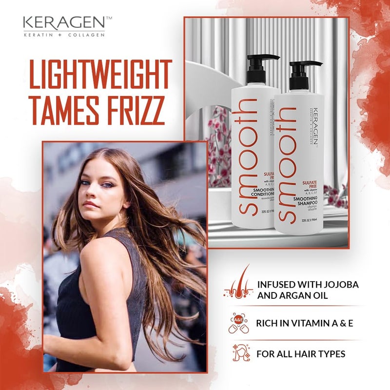 Keragen - Smoothing Shampoo and Conditioner with Keratin and Collagen for All Hair Types, Sulfate Free, 32 Oz - Moisturizes, Strengthens, Protects Color and Repair - Panthenol - Image 3
