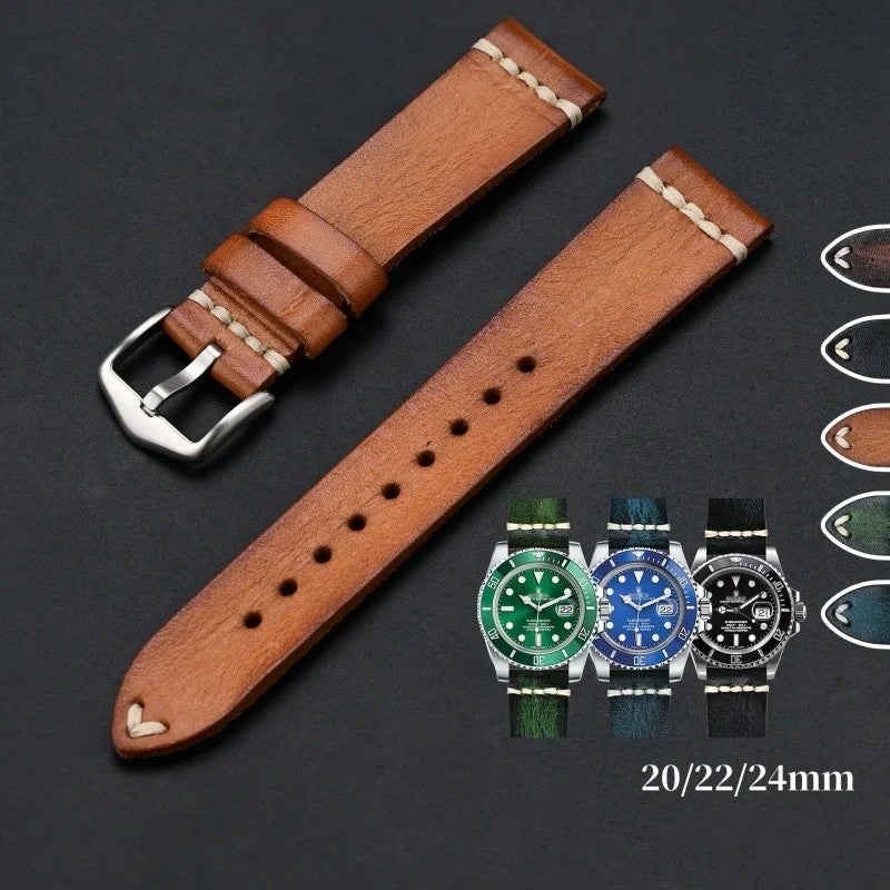 Bluejw Vintage Gradient Cowhide Watch Strap Replacement for Rolex & Omega – Luxury Leather Band with 316L Solid Stainless Steel Clasp - Image 2