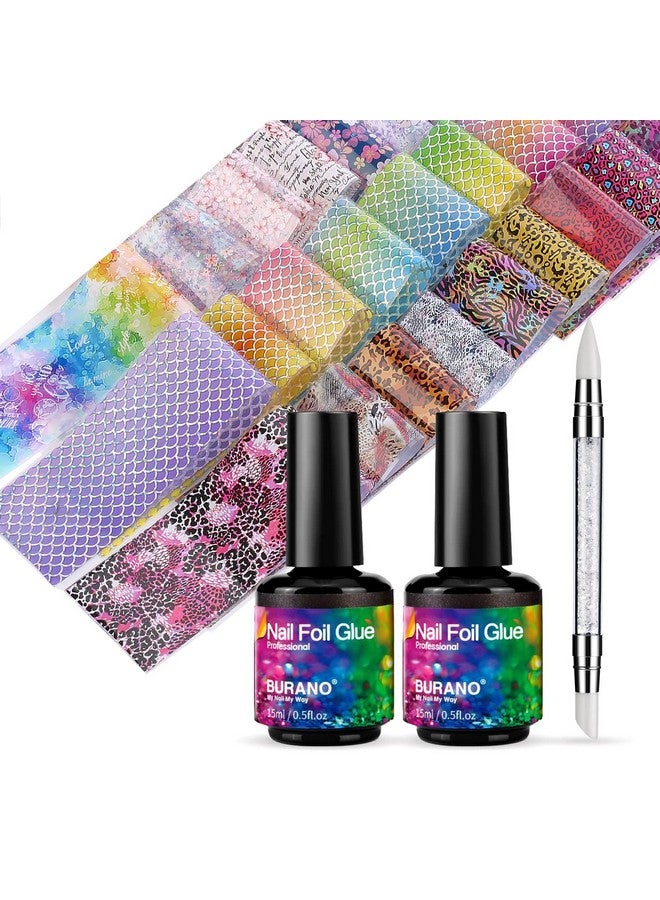بورانو جل صمغ رقائق الأظافر مع 40 قطعة من ملصقات الرقائق المعدنية 15 مل، زجاجتين من جل رقائق الأظافر، رقائق أظافر جل فنية مع قلم مصمم، رقائق أظافر لاصقة - Image 1