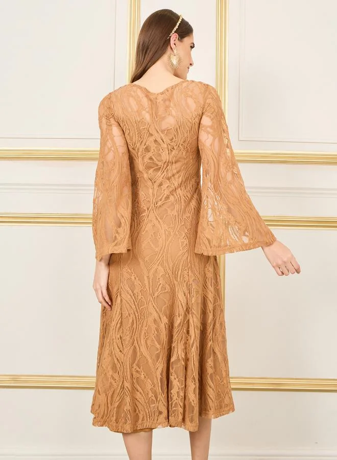 Styli All Over Lace Flared Sleeves A-Line Midi Dress